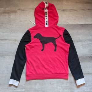 Vtg PINK Victoria's Secret Hoodie L Red Colorblock Full Zip Dog Logo